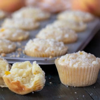 An easy recipe for peach cobbler muffins that is simple and delicious. Fresh Ontario peaches in a light fluffy muffin with a buttery crumble topping.