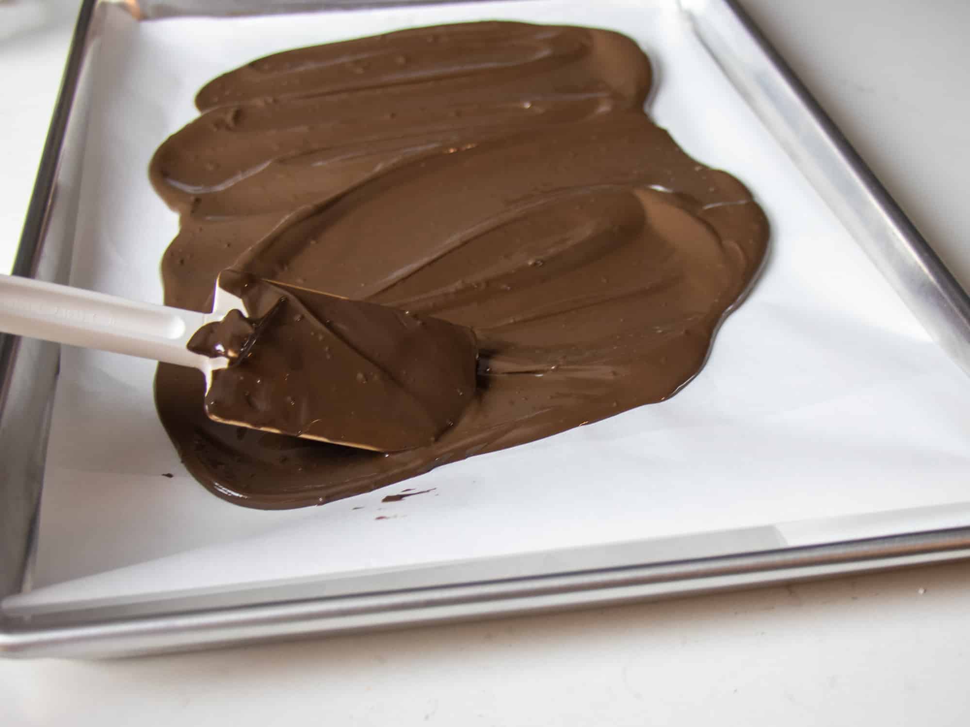 Spread the melted dark chocolate on a baking lined with parchment paper.