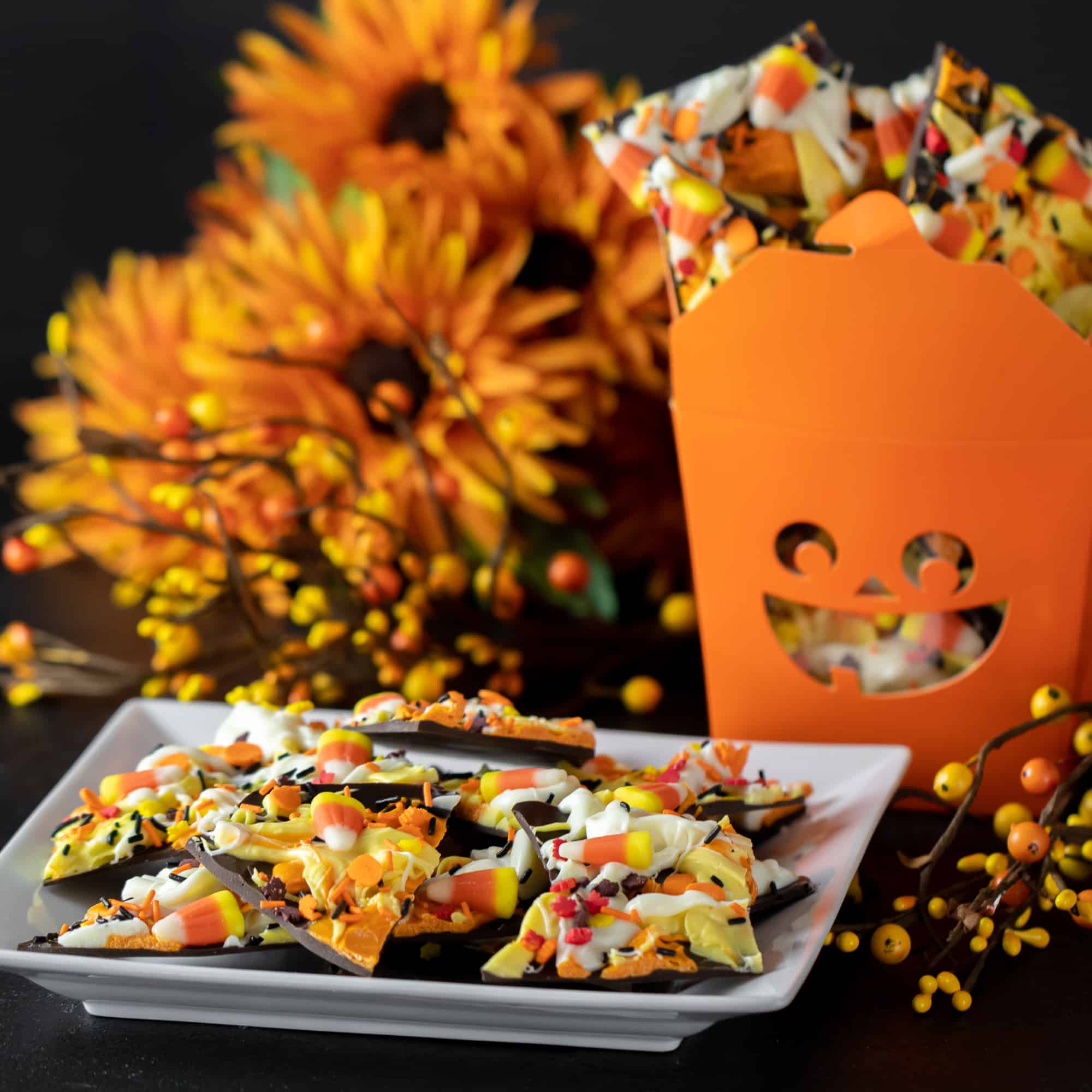 Chocolate bark recipe with a holiday Halloween theme. Sweet dessert treat made with dark chocolate melts, coloured candy melts, candy corn and sprinkles.