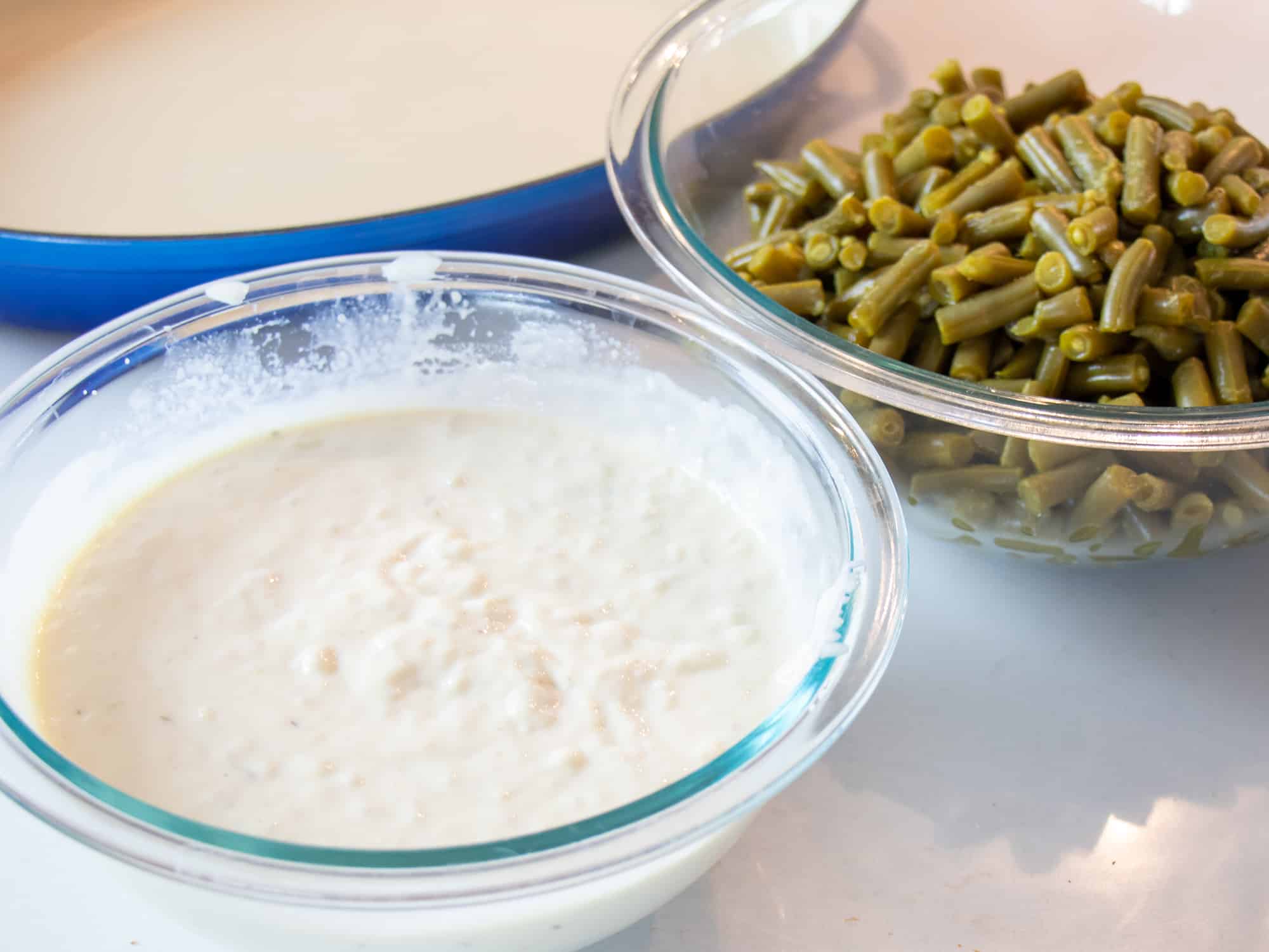 Thanksgiving Green Bean Casserole is made with can green beans, campbell's cream of mushroom soup and french's fried onions