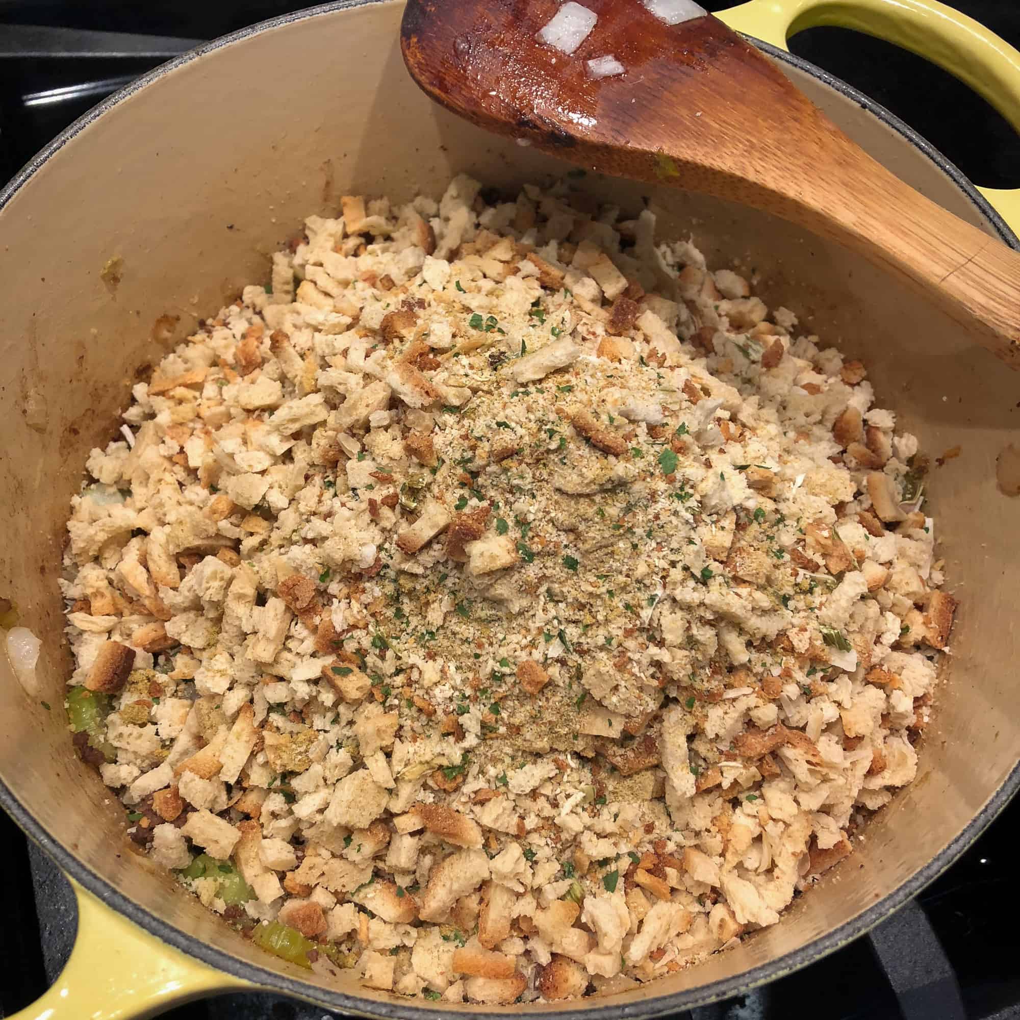 Add three boxes of turkey stuffing mix