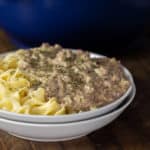 Closeup picture of a bowl of beef stroganoff with pasta