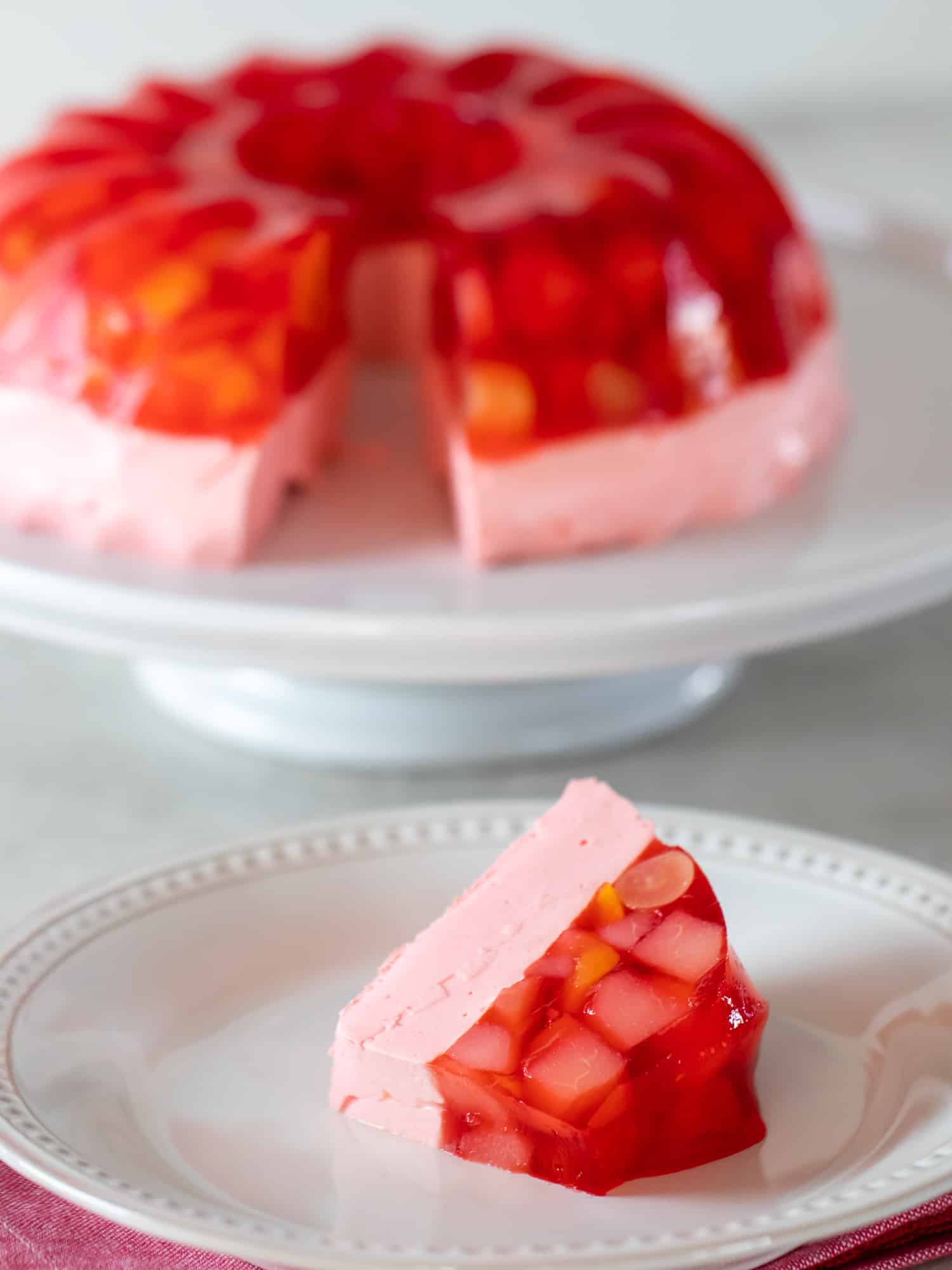 Overhead picture of Jello mold with fruit salad and cool whip.