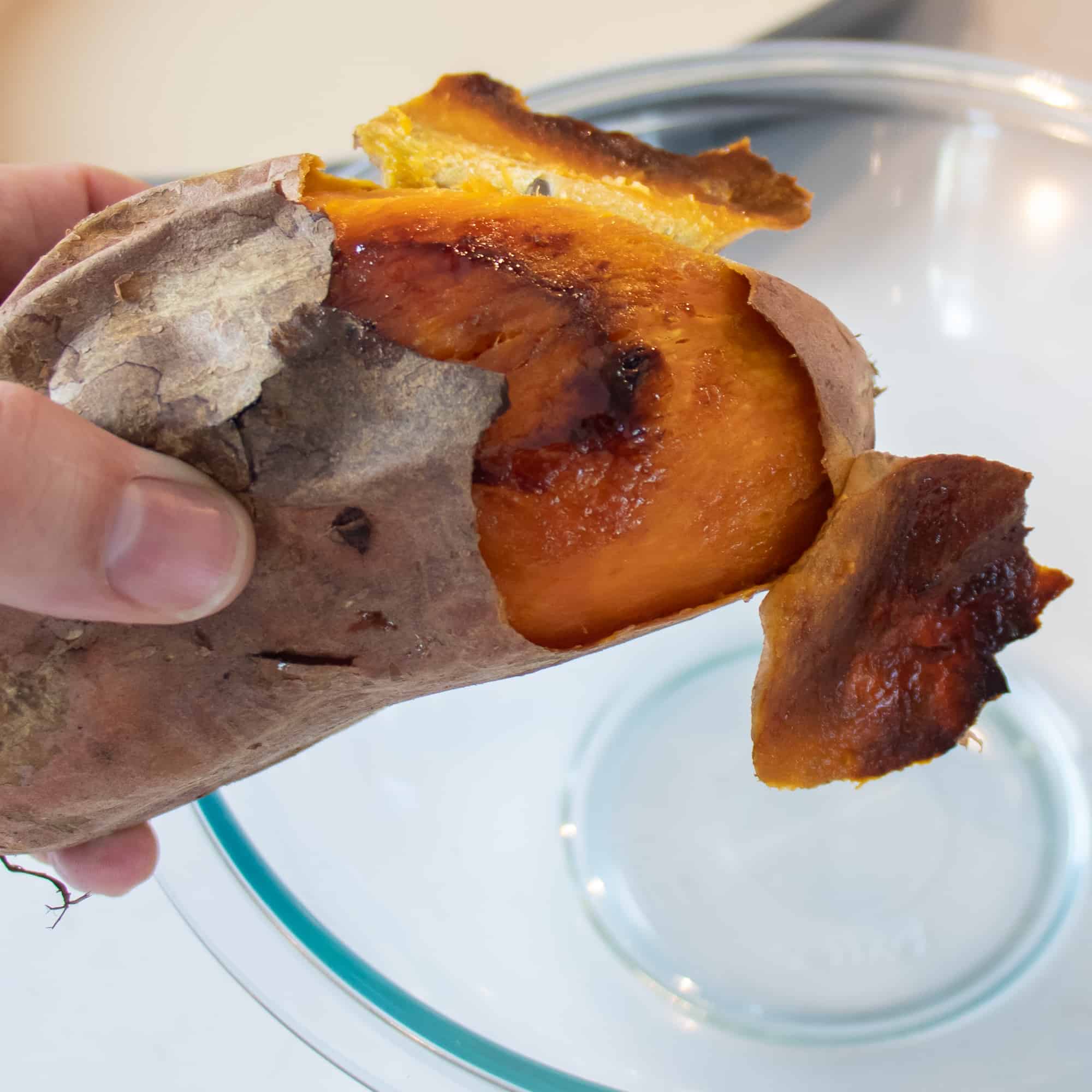 Once the sweet potatoes are baked, the skin can peel off easily