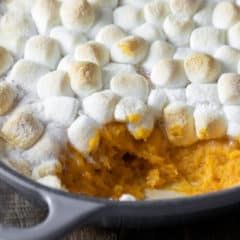 Wide overhead picture of the baked casserole with toasted marshmallows.