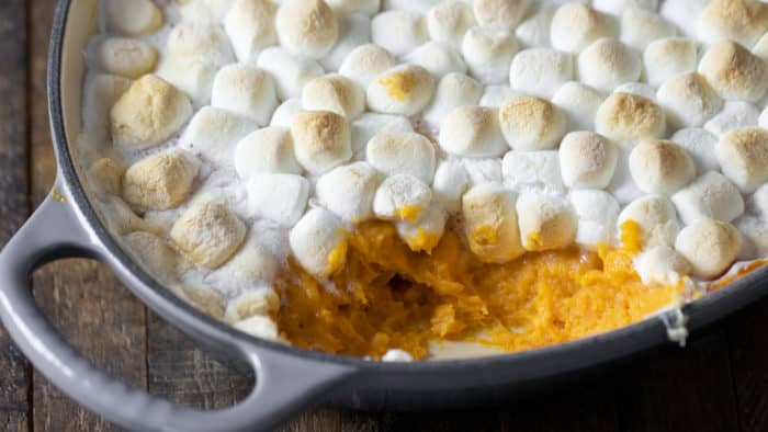 Wide overhead picture of the baked casserole with toasted marshmallows.