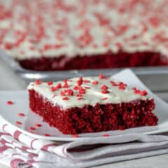 Red velvet sheet cake with cream cheese frosting.