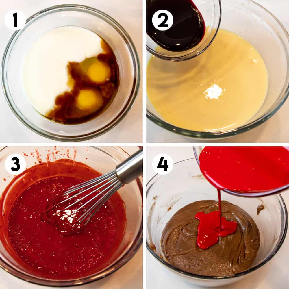 Four photos showing stages of mixing batter.