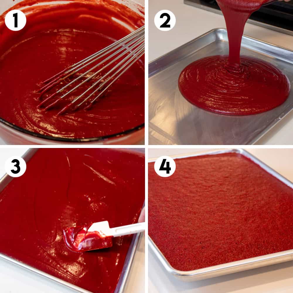 Photos showing cake batter being spread onto a sheet and then baked in an oven