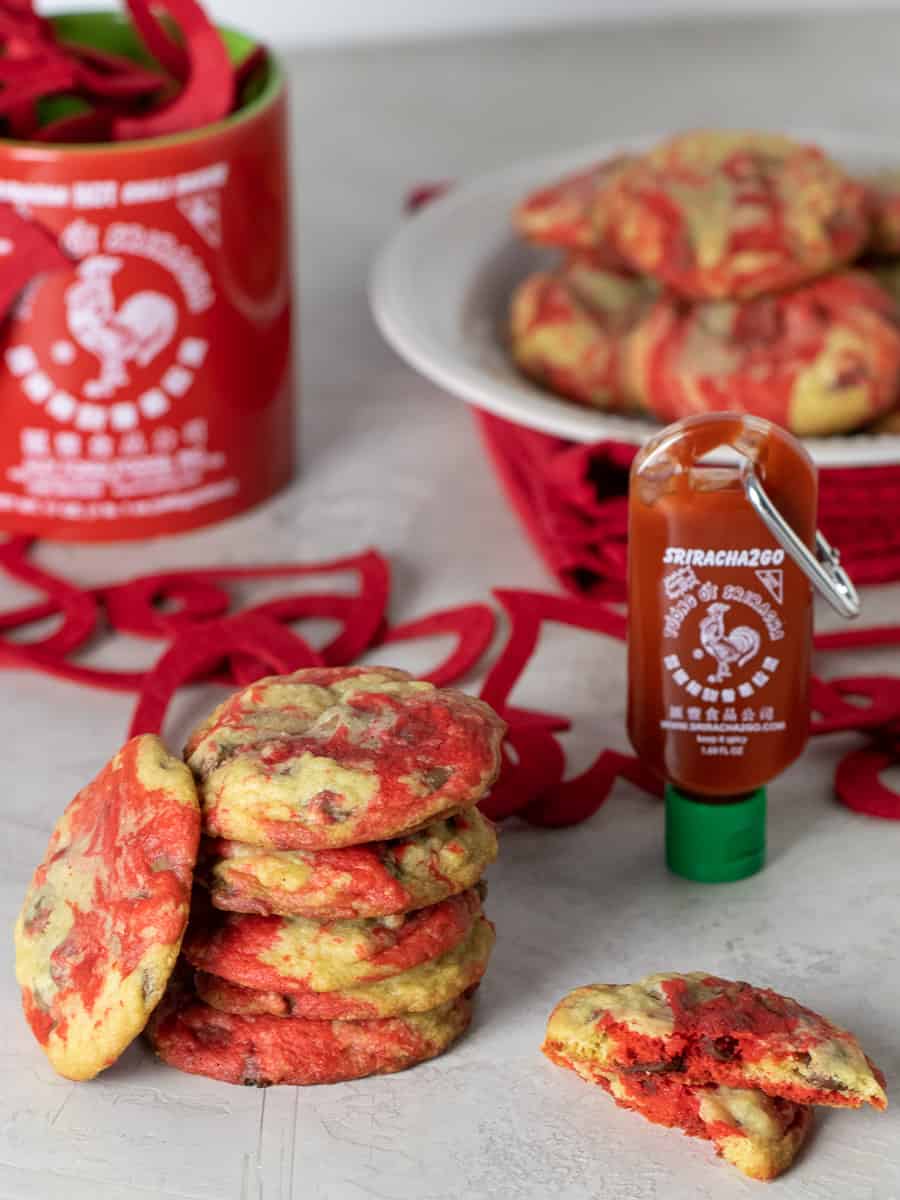 A tall image of sriracha chocolate chip cookies.