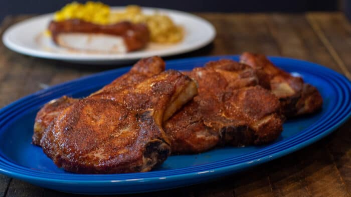 A platter full of pork chops.