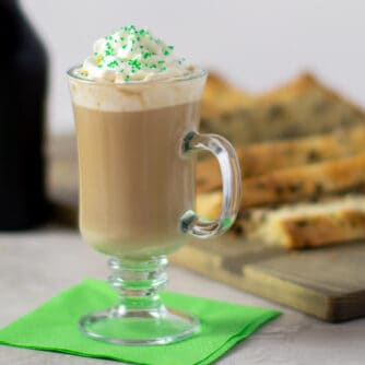 Alcoholic coffee beverage with whipped cream.