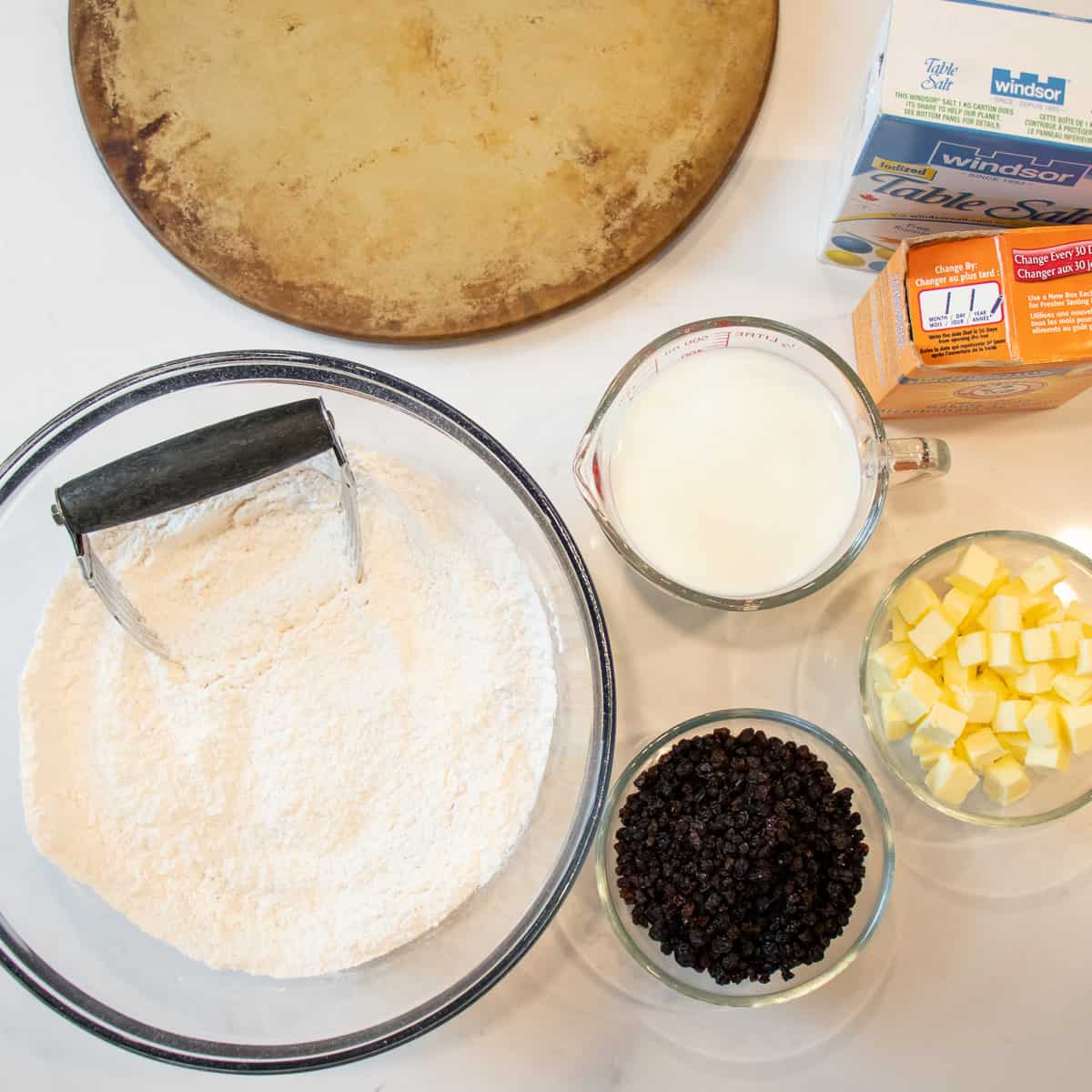An overhead picture of ingredients ready to make the dough.