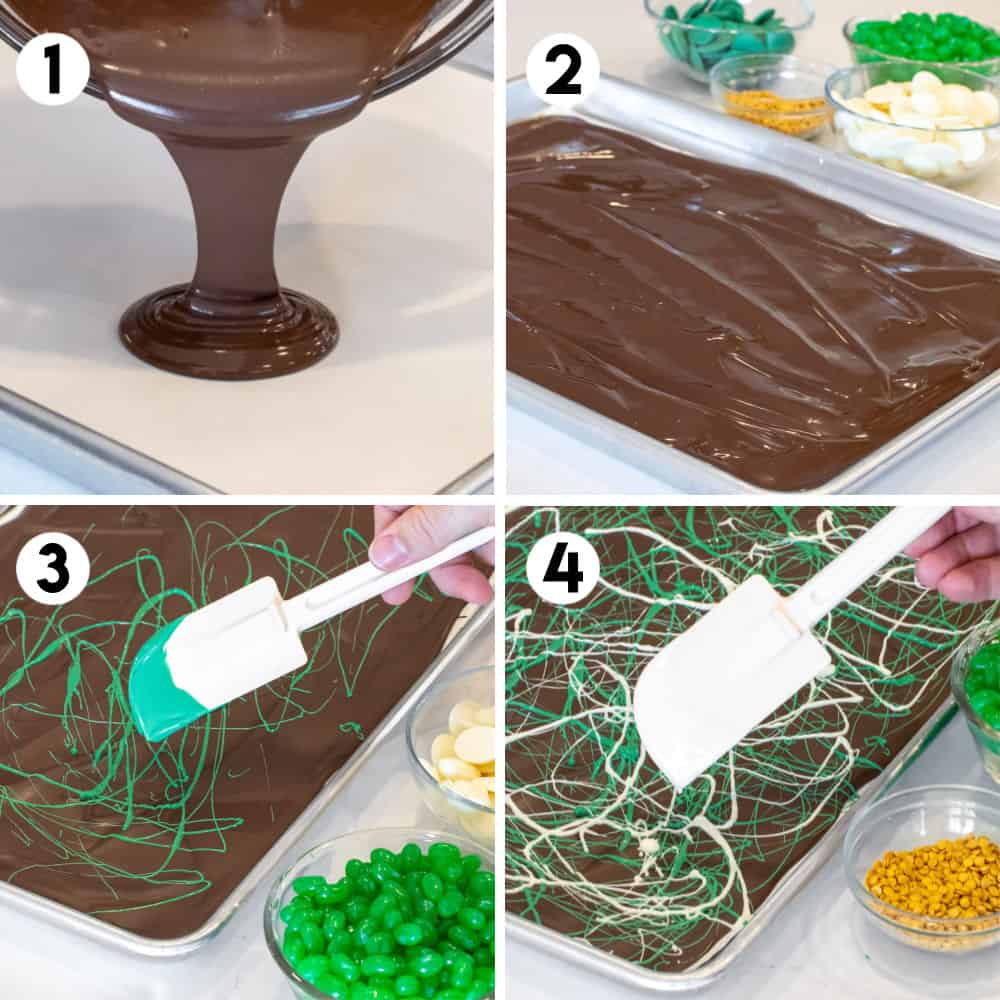 Step by Step photos showing how to spread melted chocolate.