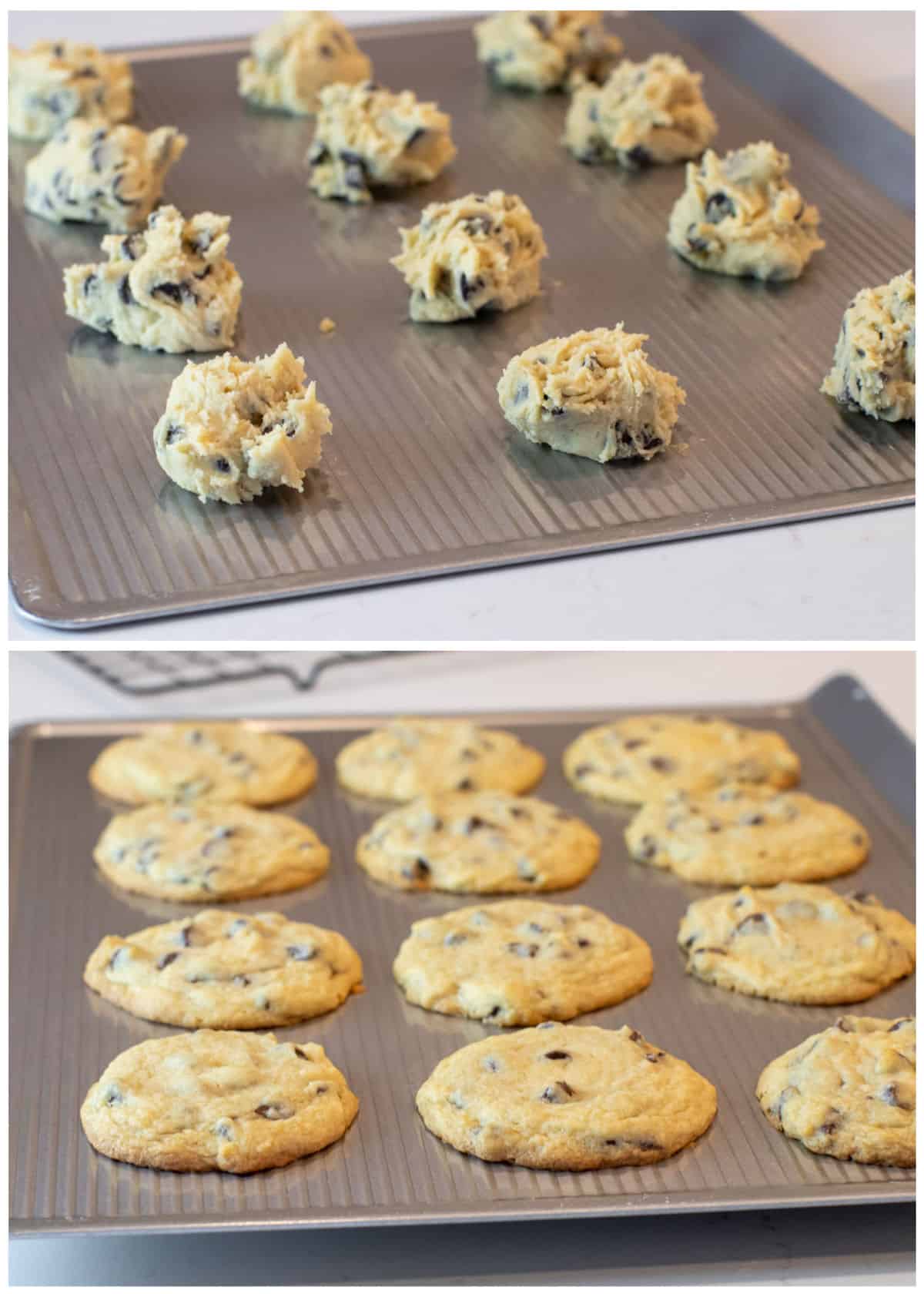 Before and after pictures of cookies on a sheet.