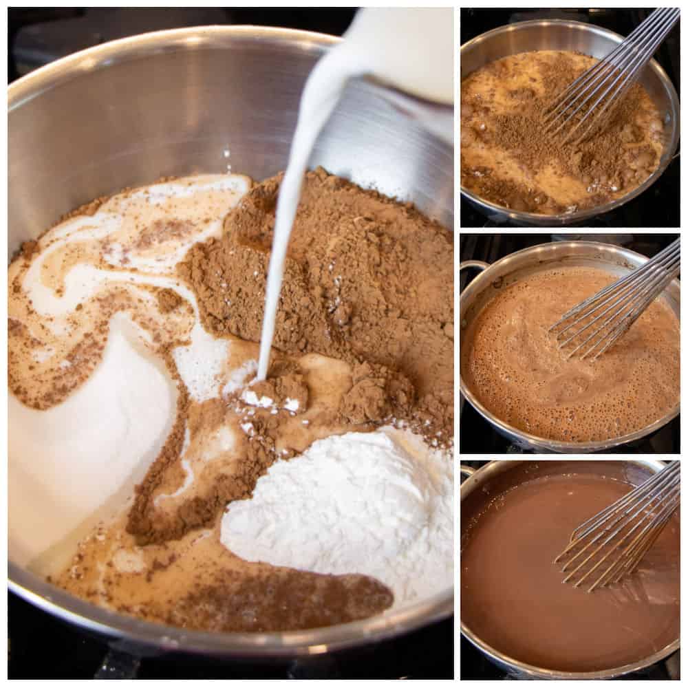 Mixing cocoa powder, sugar, corn starch in a saucepan with milk.