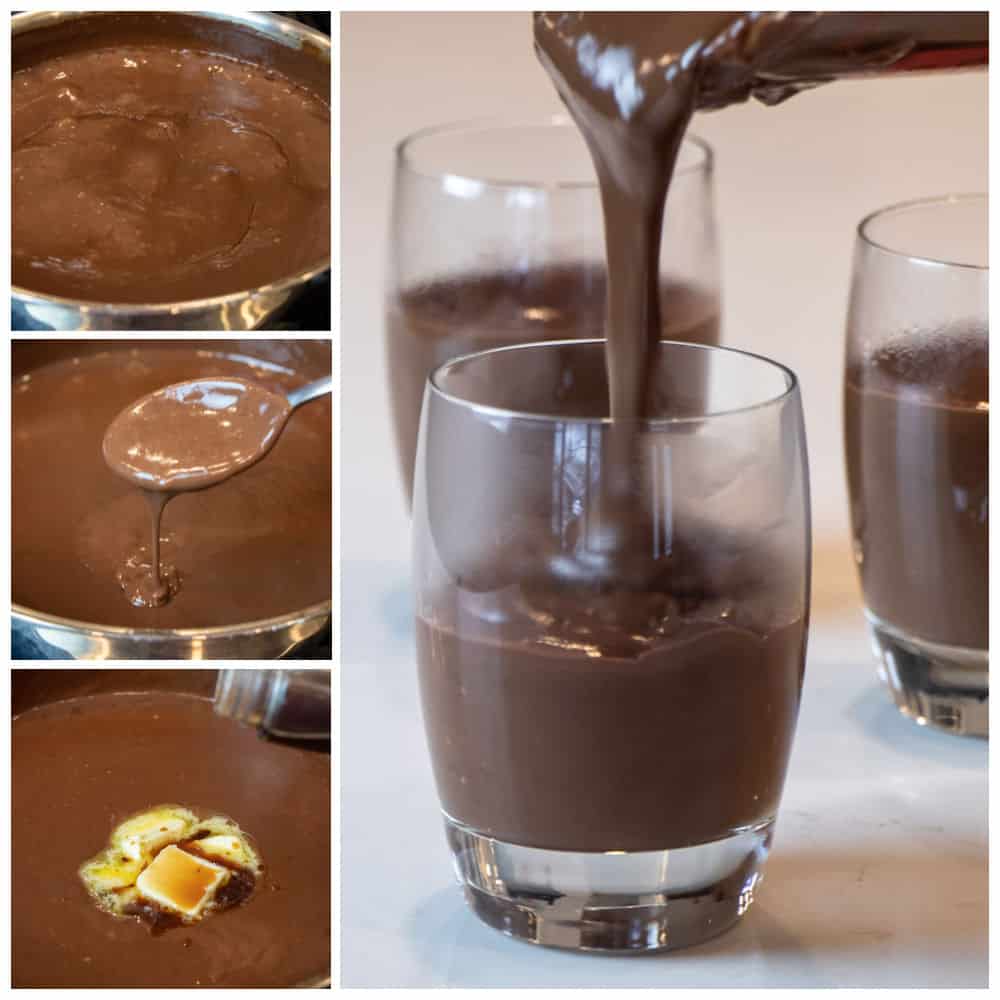 Pouring the pudding into glasses.