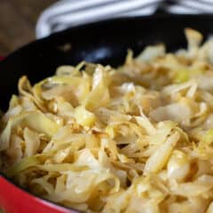 A skillet of cooked cabbage