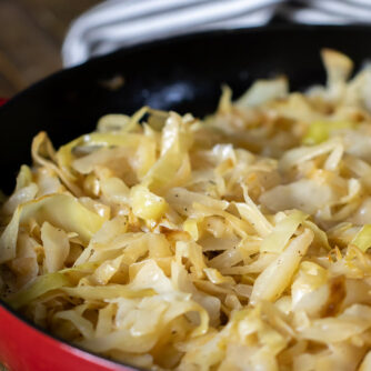 A skillet of cooked cabbage