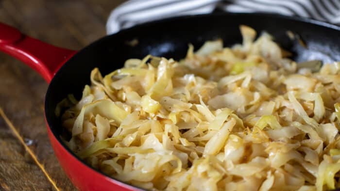 A skillet of cooked cabbage