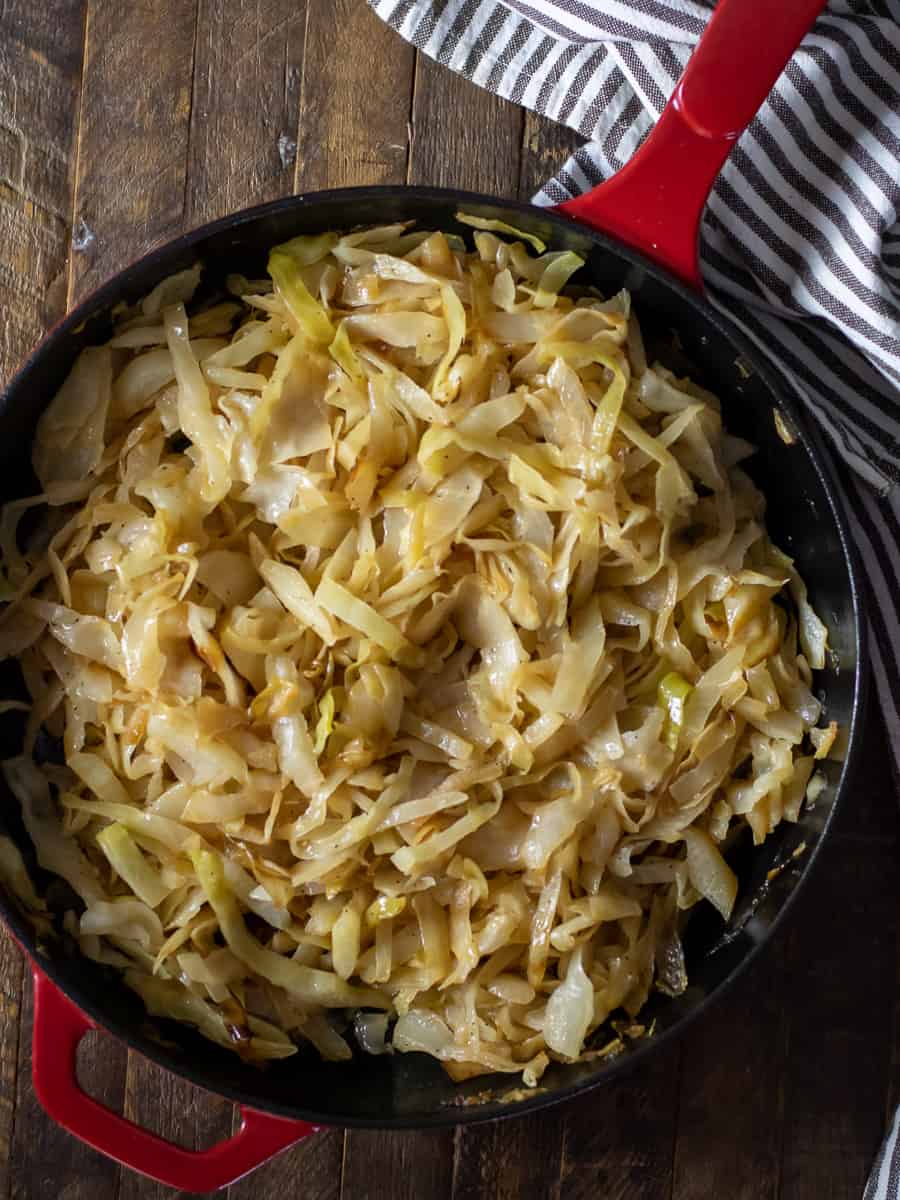 An overhead image of cooked cabbage.