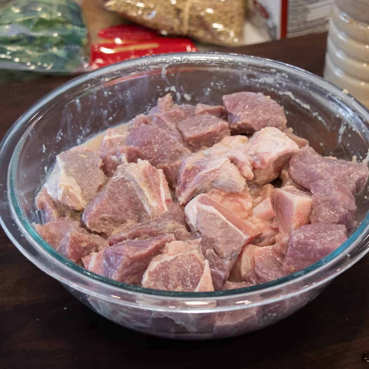 Veal shoulder or stewing meat cut into cubes.