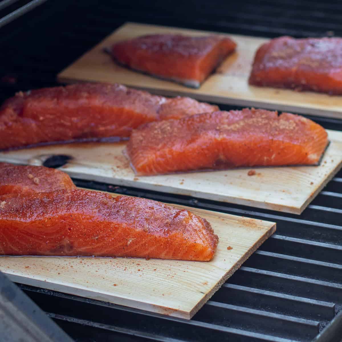Raw seasoned salmon on a hot grill.
