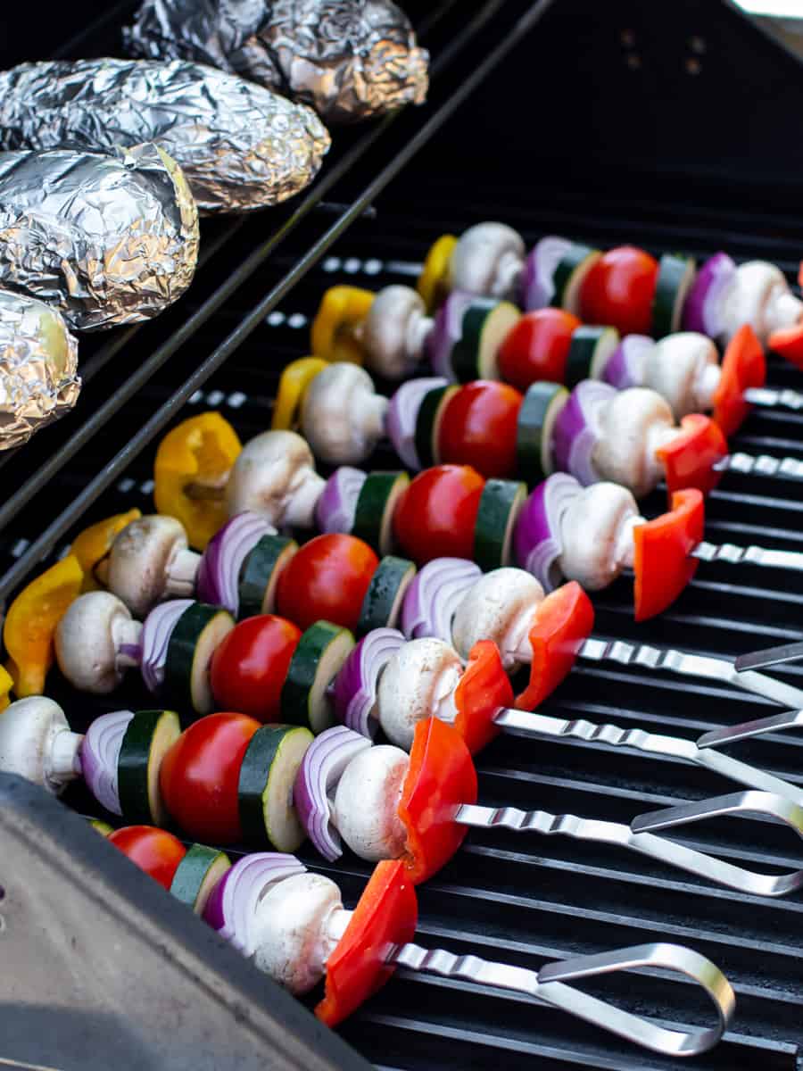 Raw veggie kabobs on the grill.