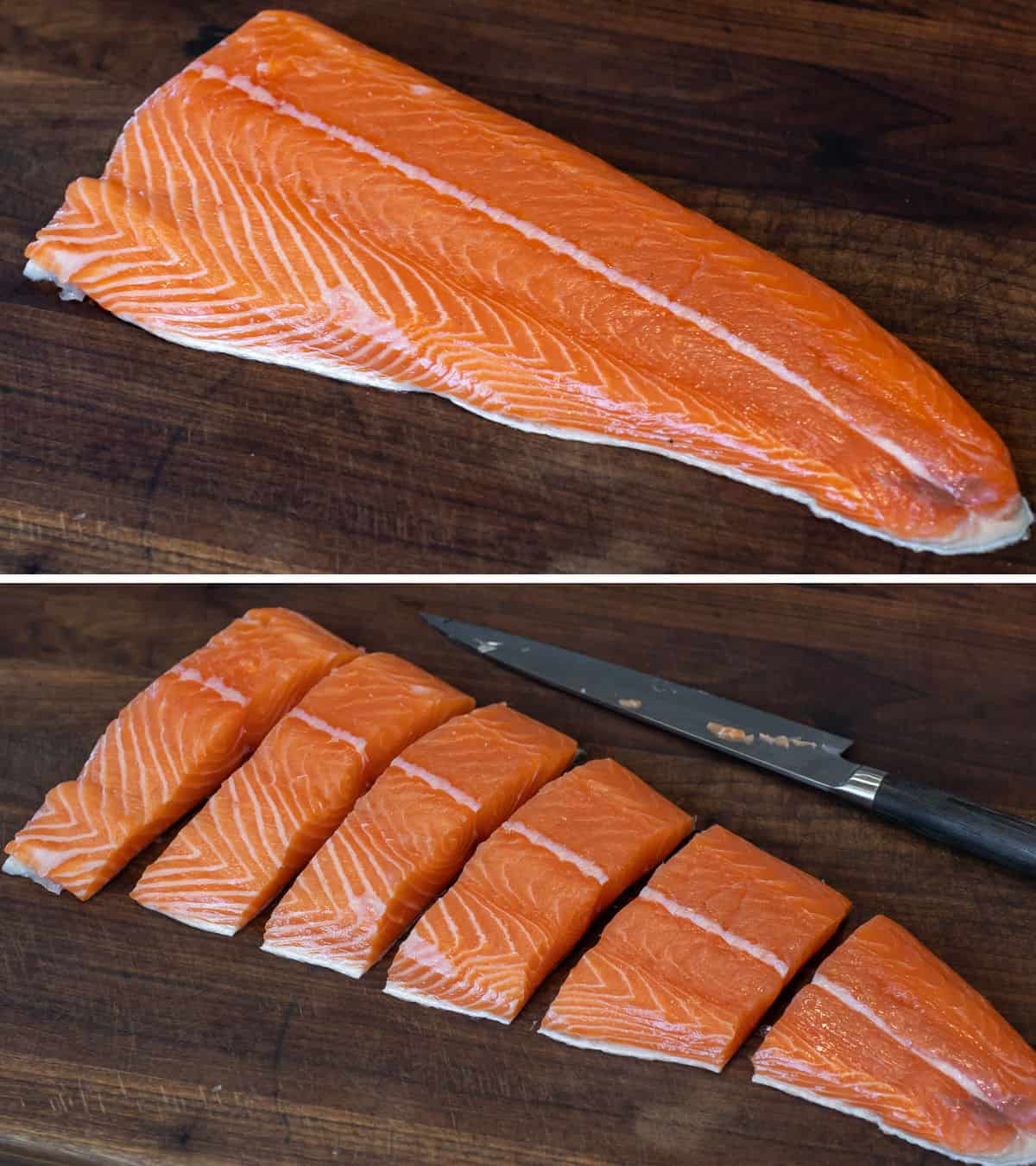 An image of a salmon fillet whole above and cut below.