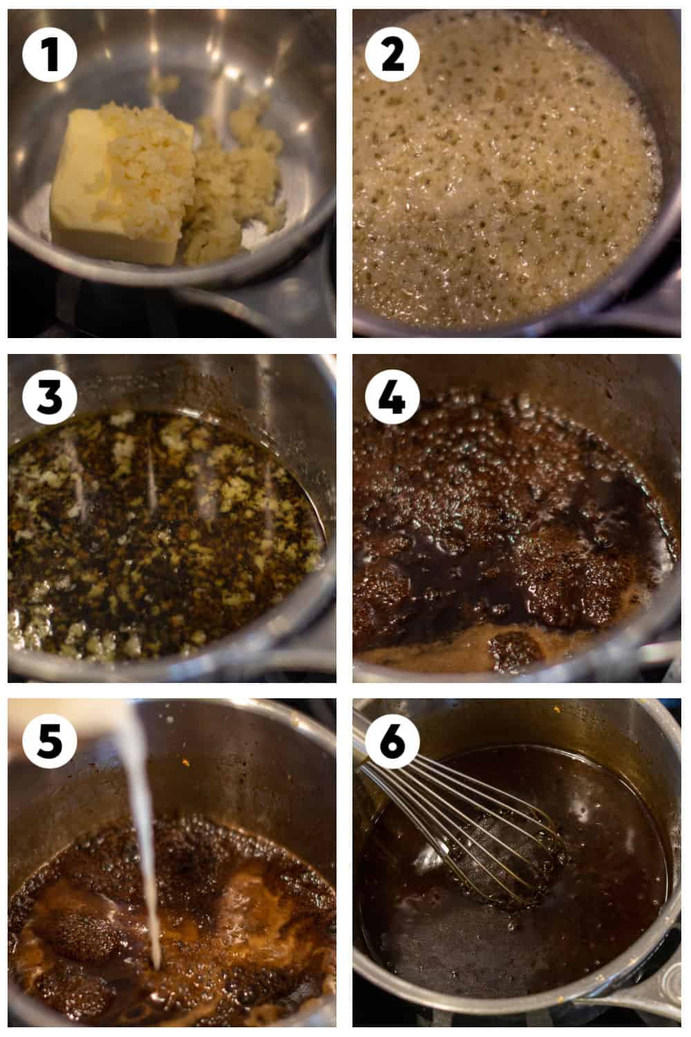 Collage of six images showing how to make the honey garlic sauce.