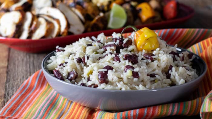 A bowl of rice and beans.