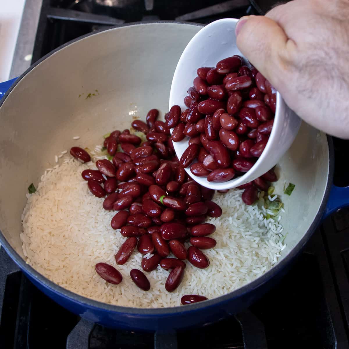 Adding the kidney beans and rice to the pot.