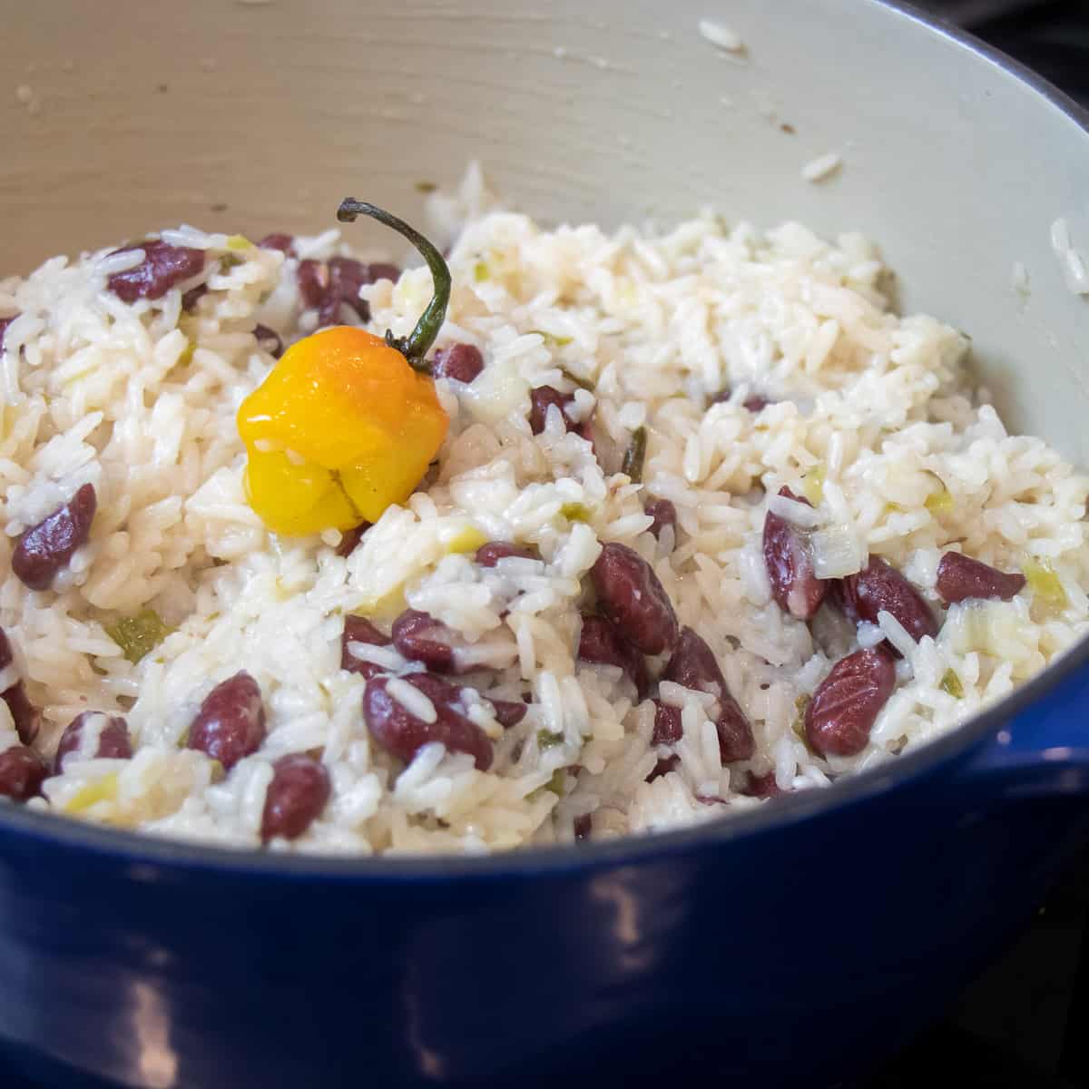 Rice and beans fully cooked in the pot with a scotch bonnet pepper resting on top.