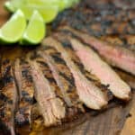 Close up of sliced flank steak.