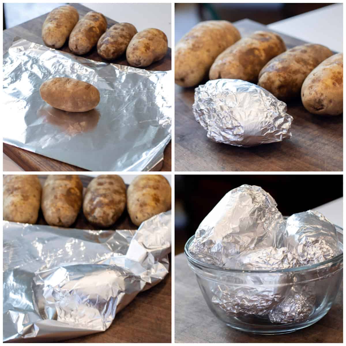 Four pictures showing how to wrap a whole potato in foil.