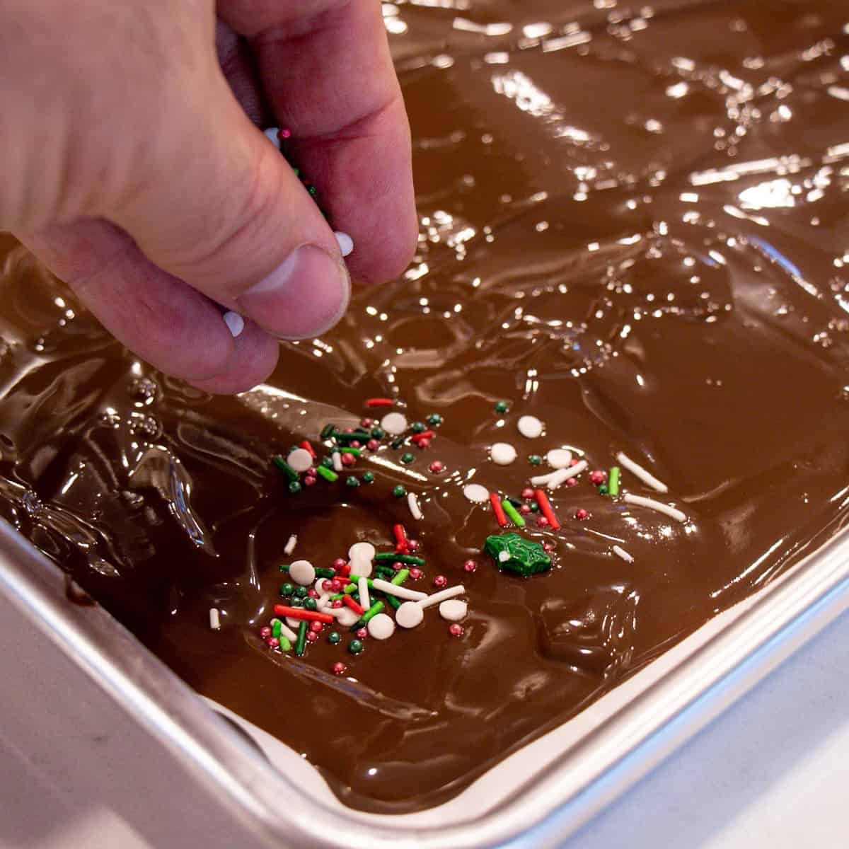 Christmas candy sprinkles placed on top of the chocolate.