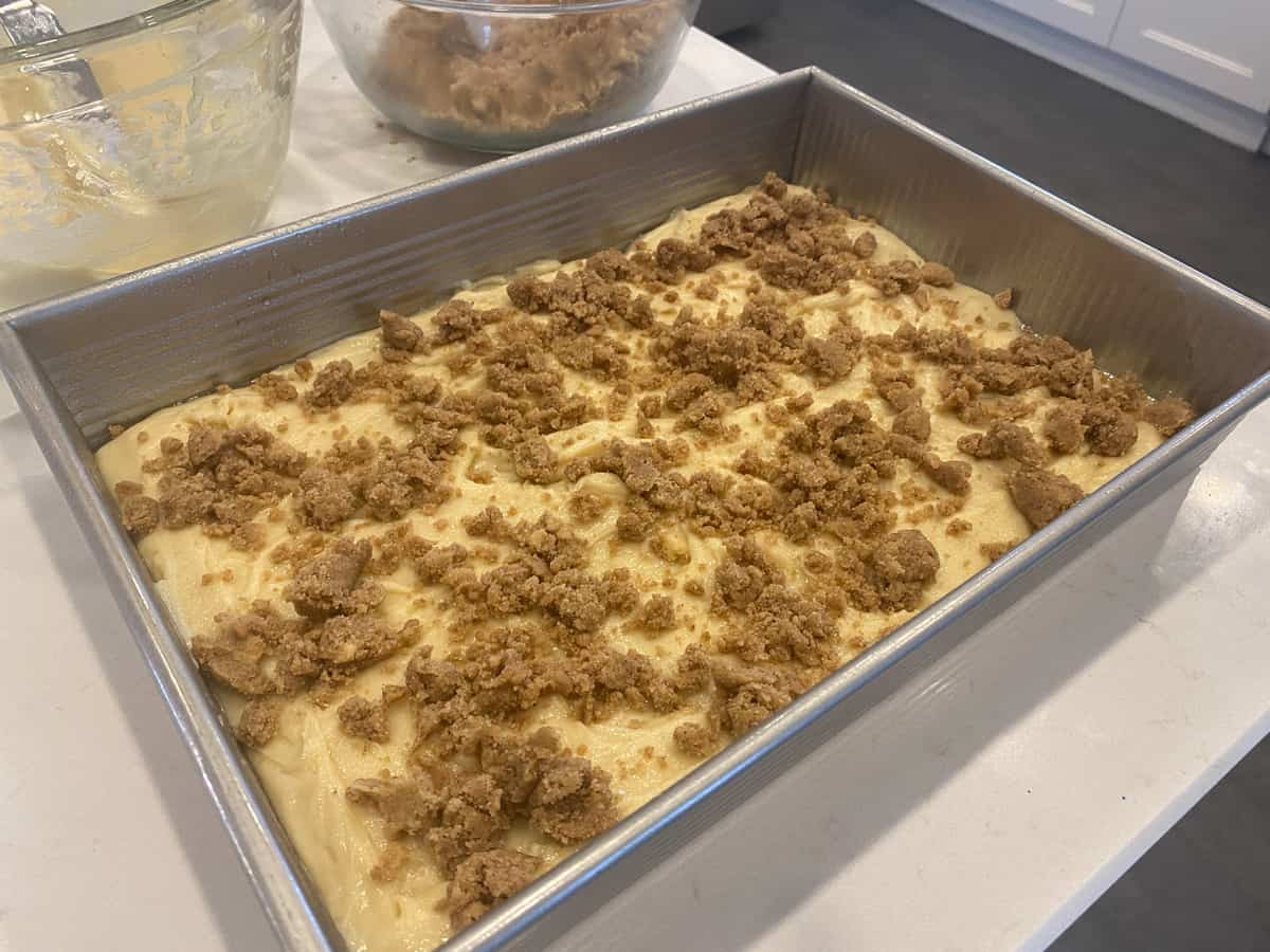 Spreading the layers of batter and crumble in the baking dish.