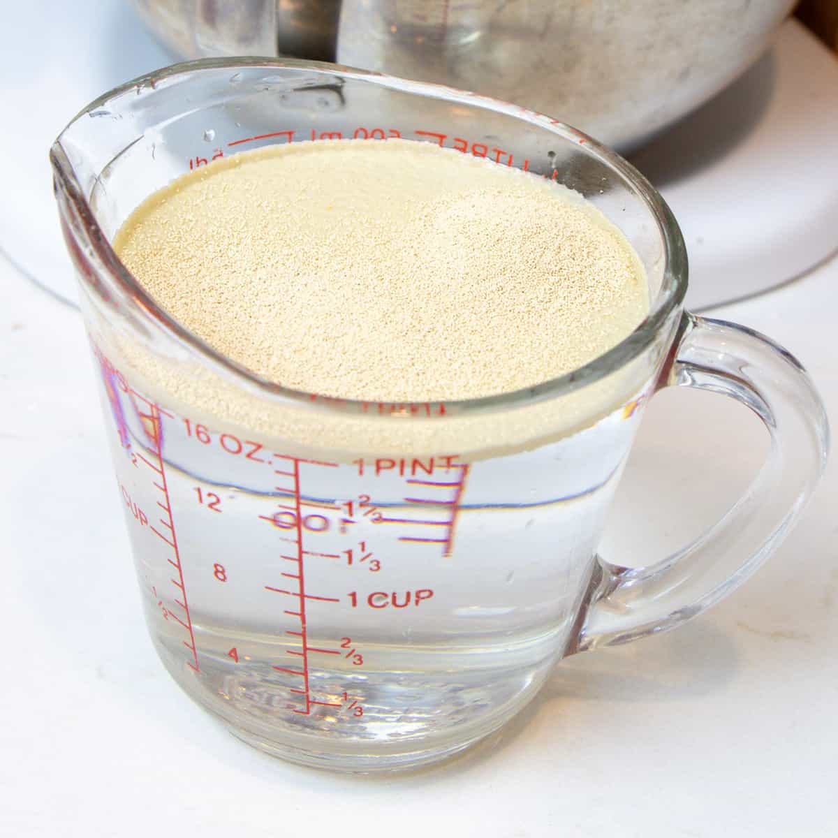 Warm water in a measuring cup with active dry yeast.