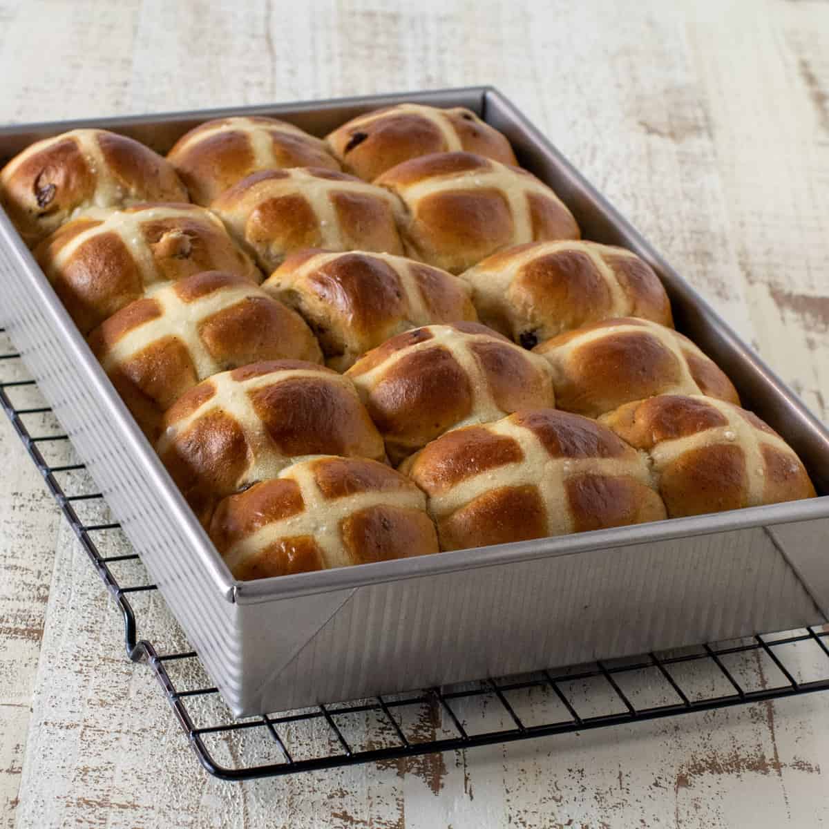 Hot cross buns fresh out of the oven.