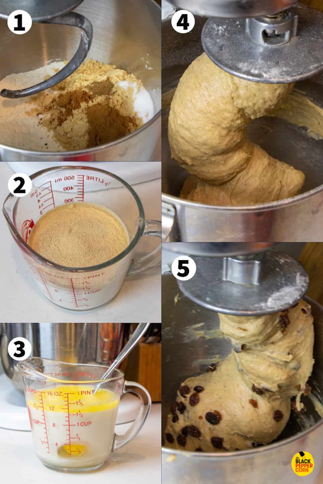 Step by step photos of dissolving yeast in warm milk and kneading with dry ingredients to make the dough.