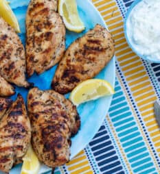 Overhead picture of a plate of grilled chicken.