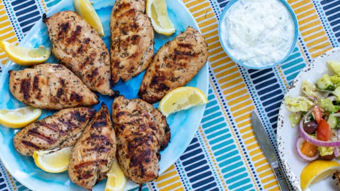 Overhead picture of a plate of grilled chicken.