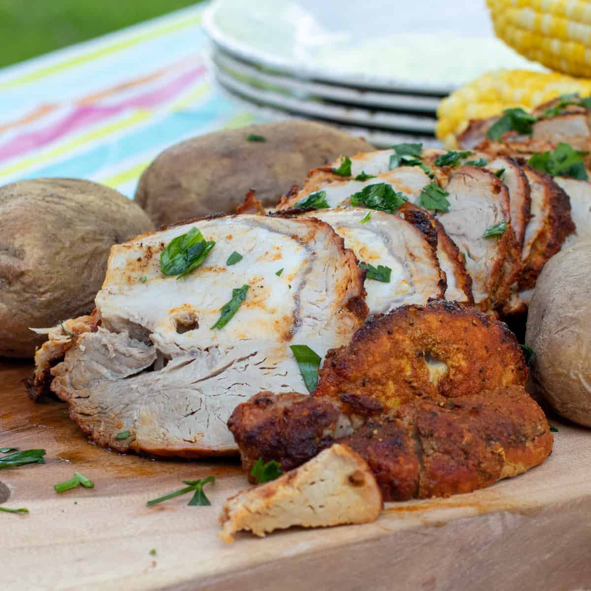 A close up of sliced pork roast.