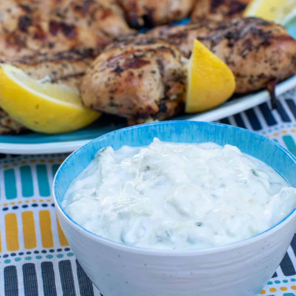 A close up photo of a bowl of tzatziki.