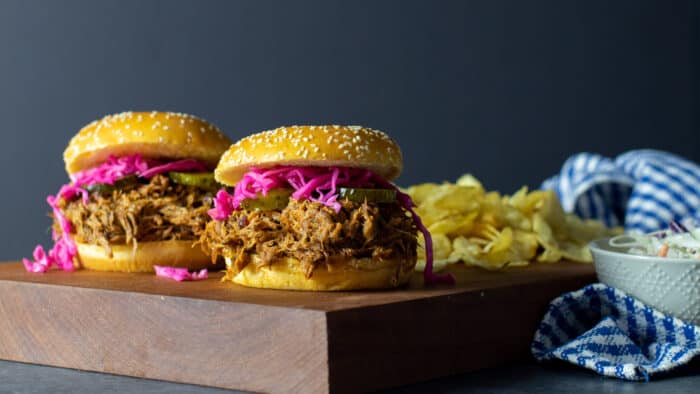 Pulled pork sandwiches with red cabbage slaw