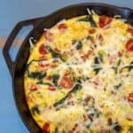 Overhead picture of baked frittata in a frying pan.