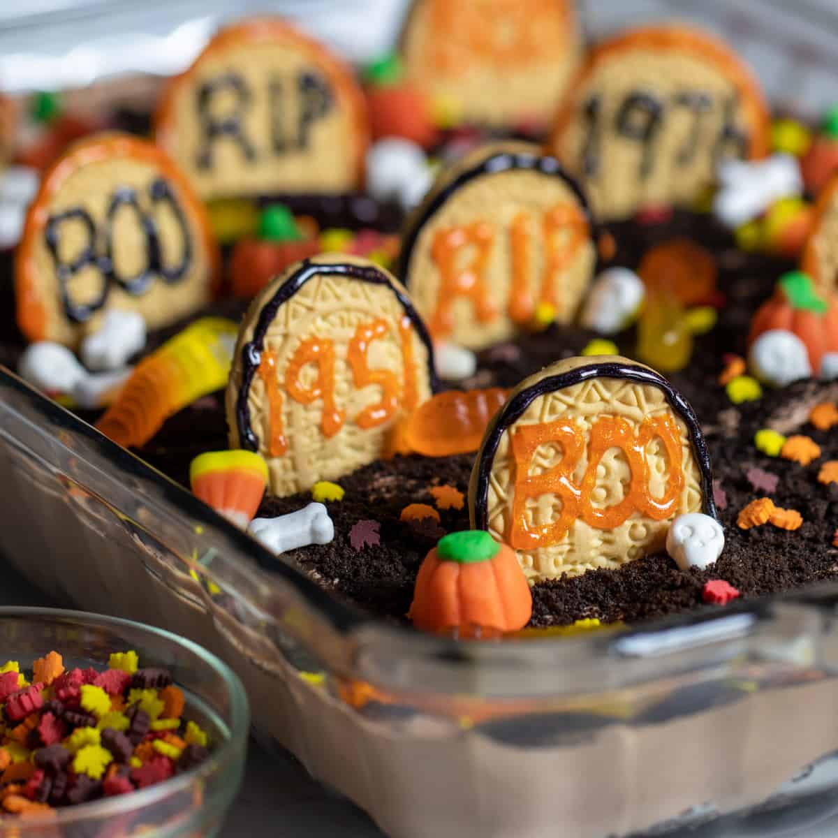 A close up picture of the Halloween graveyard dessert.