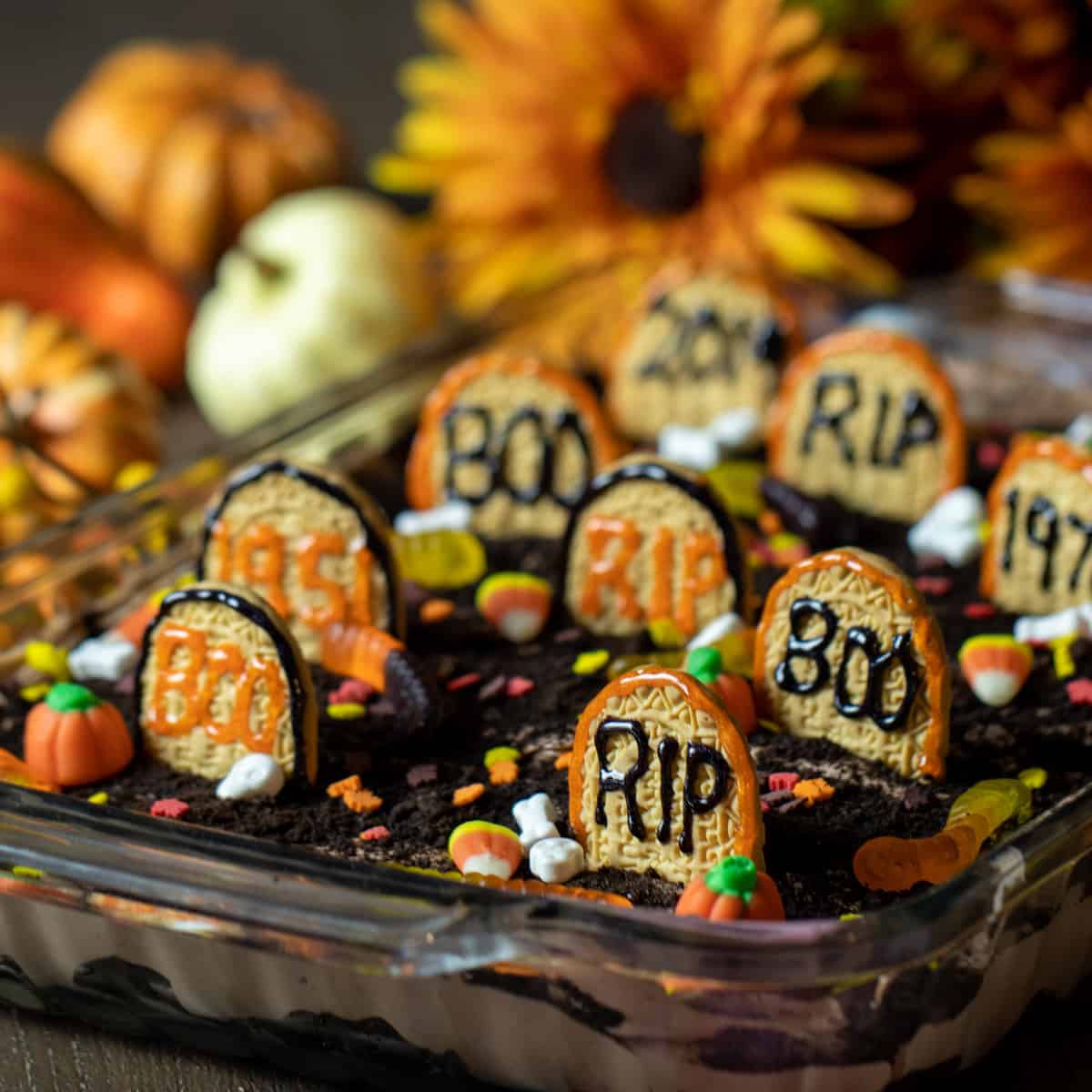 A dessert made for halloween that looks like a cemetery.