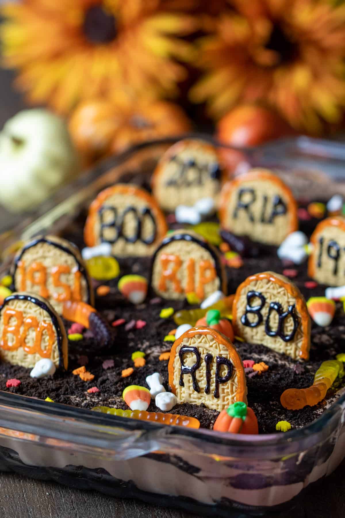 Chocolate pudding graveyard dessert in a baking dish.