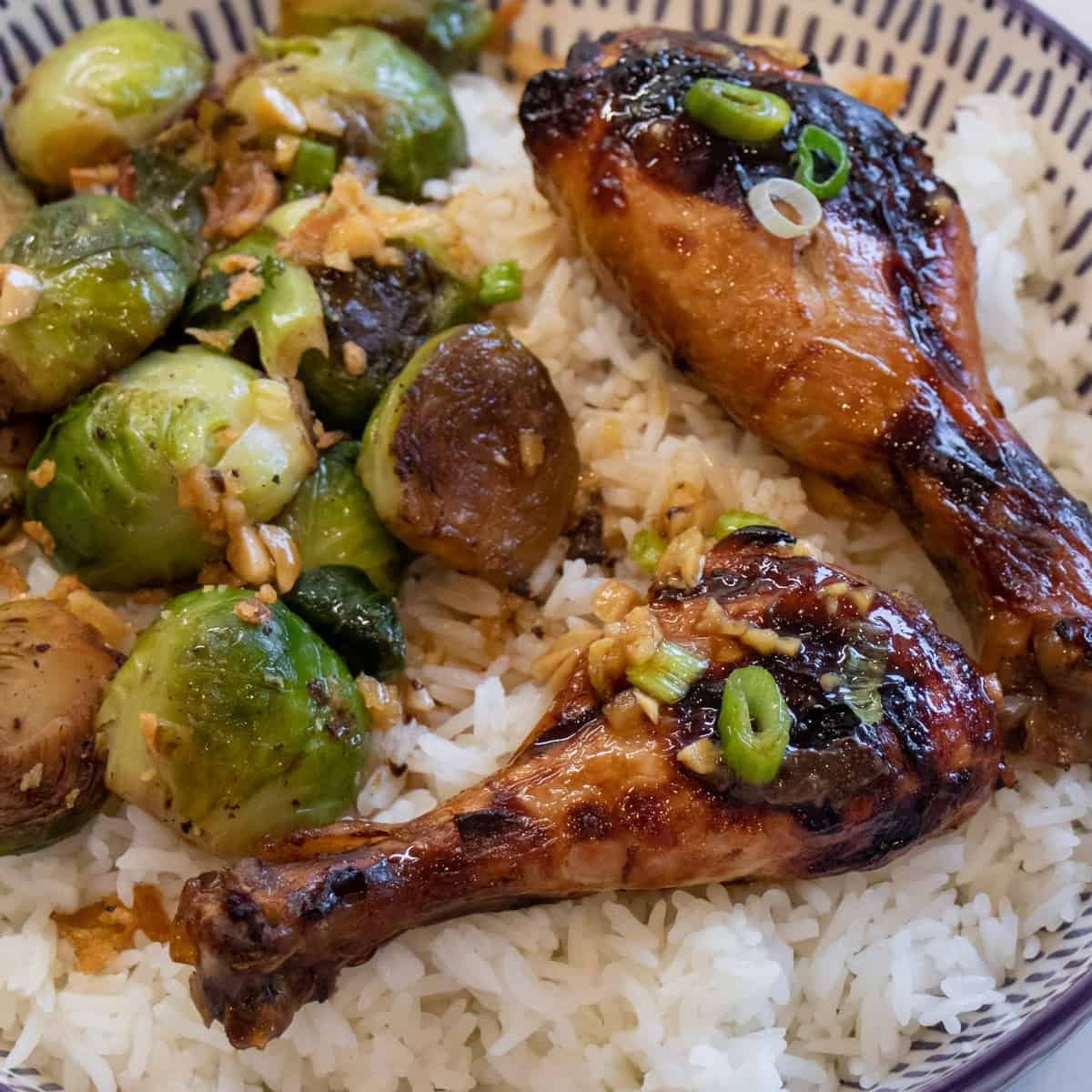 Baked chicken with rice and brussels sprouts